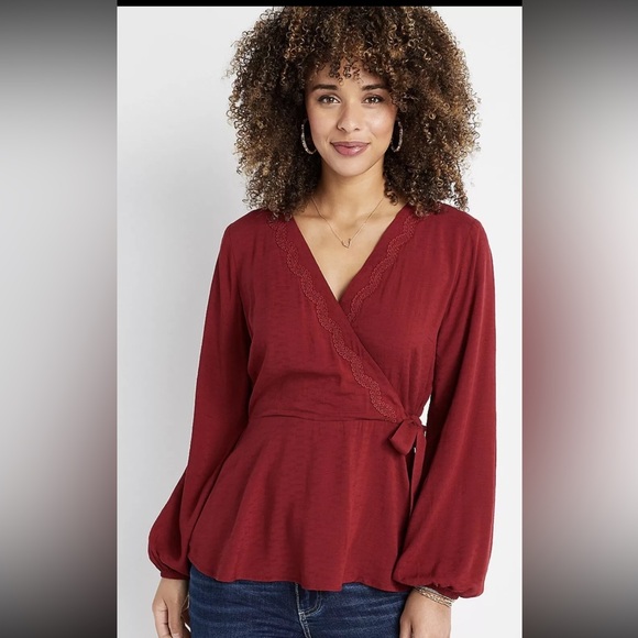 Maurices Tops - Maurices New Red Burgundy Lace Crochet Wrap Top Blouse Shirt Large NWT